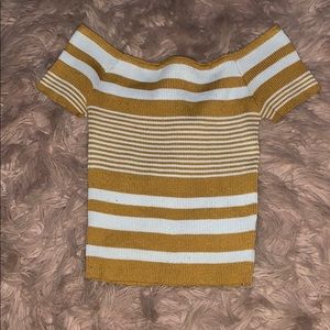 yellow and white off the shoulder crop top